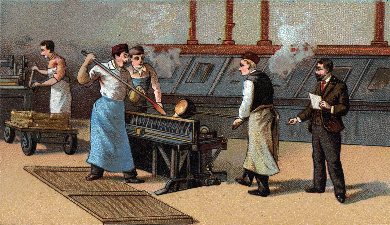 Výroba mincí, zlaté čepele. Chromolitografie konce 19. století od Unknown artist