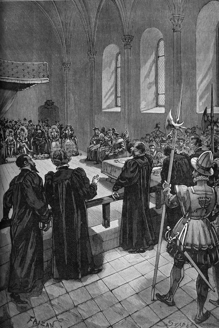 kolokvium z Poissy (1561). Projev švýcarského kalvína Theodora de Beze (1519-1605) (uprostřed, vzadu), vedoucího protestantské delegace. od Unknown artist