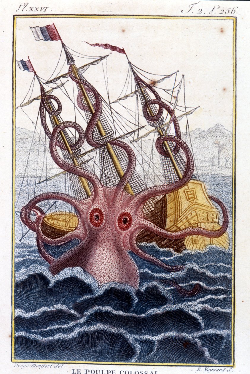 Kolosální chobotnice (chobotnice, obří chobotnice, kraken) útočící na loď (loď, loď) - rytina knihy Pierra Denyse-Montforta (Denys de Montfort 1766-1820) „“ Histoire naturelle des mollusques“, původní vydání z roku 1802) - od Unknown artist