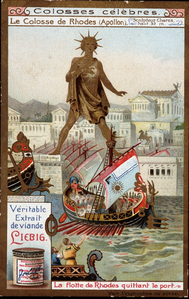 Slavný kolos: Rhodský kolos (Apollo, Helios) (výška 32 metrů), sochař Charles de Lindos (4. století př. n. l.); flotila Rhodosu opouštějící přístav (Řecko) - Liebigova chromolitografie od Unknown artist