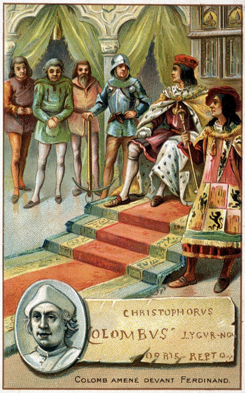 Kolumbus (svázané ruce) přivedl před Ferdinanda - Chromolitografie 19. stol od Unknown artist