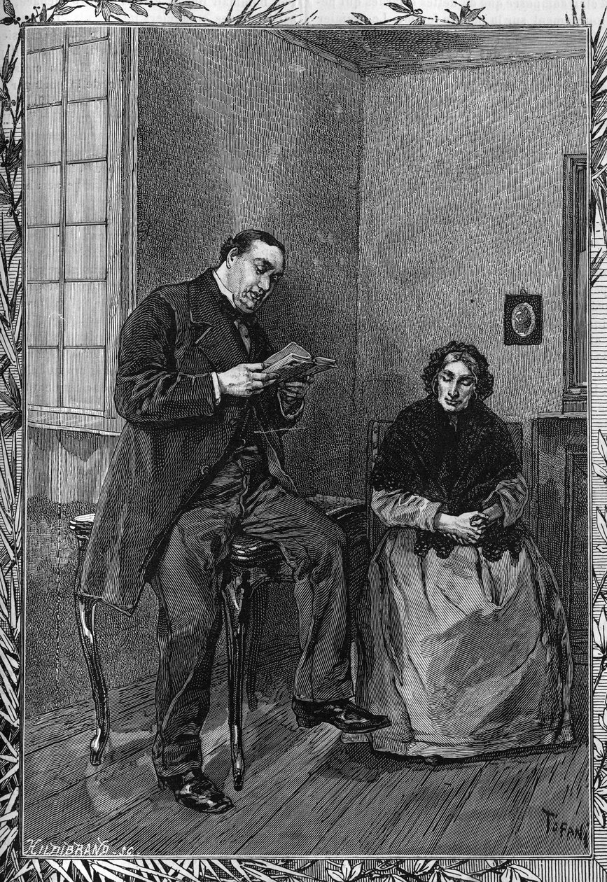 Komik Moessard čte svou ženu. Rytina ve slavném časopise "" La jeunesse "" od Unknown artist