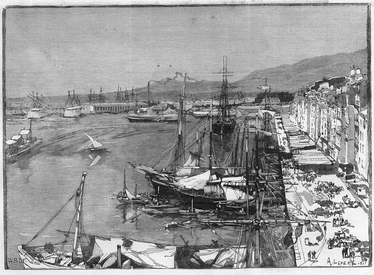 Komerční loď a arzenál v přístavu Toulon (Var), Francie. Gravírování v „“Le Monde Illustré““ od Unknown artist