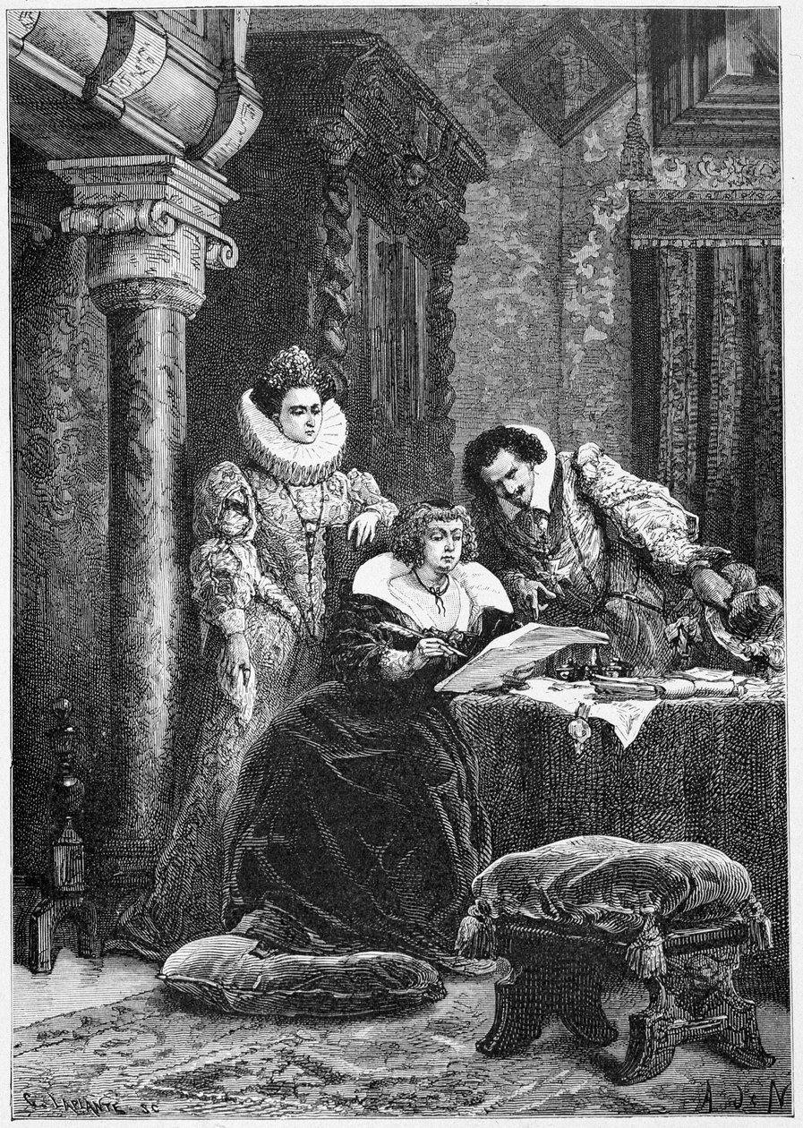 Concini, Leonore Galigai a Marie de Medici. Rytina v „Histoire de France“ od nejvzdálenějších dob do roku 1789 od M. Guizota od Unknown artist