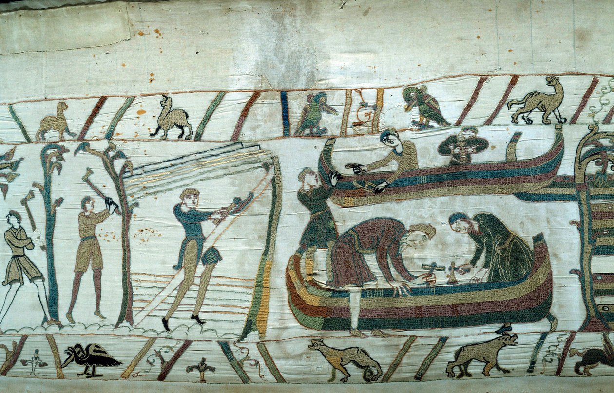 Dobytí Anglie vévodou z Normandie Williamem Dobyvatelem (1027-1087): stavba normanské flotily Detail tapisérie z Bayeux nebo výšivka královny Mathildy od Unknown artist
