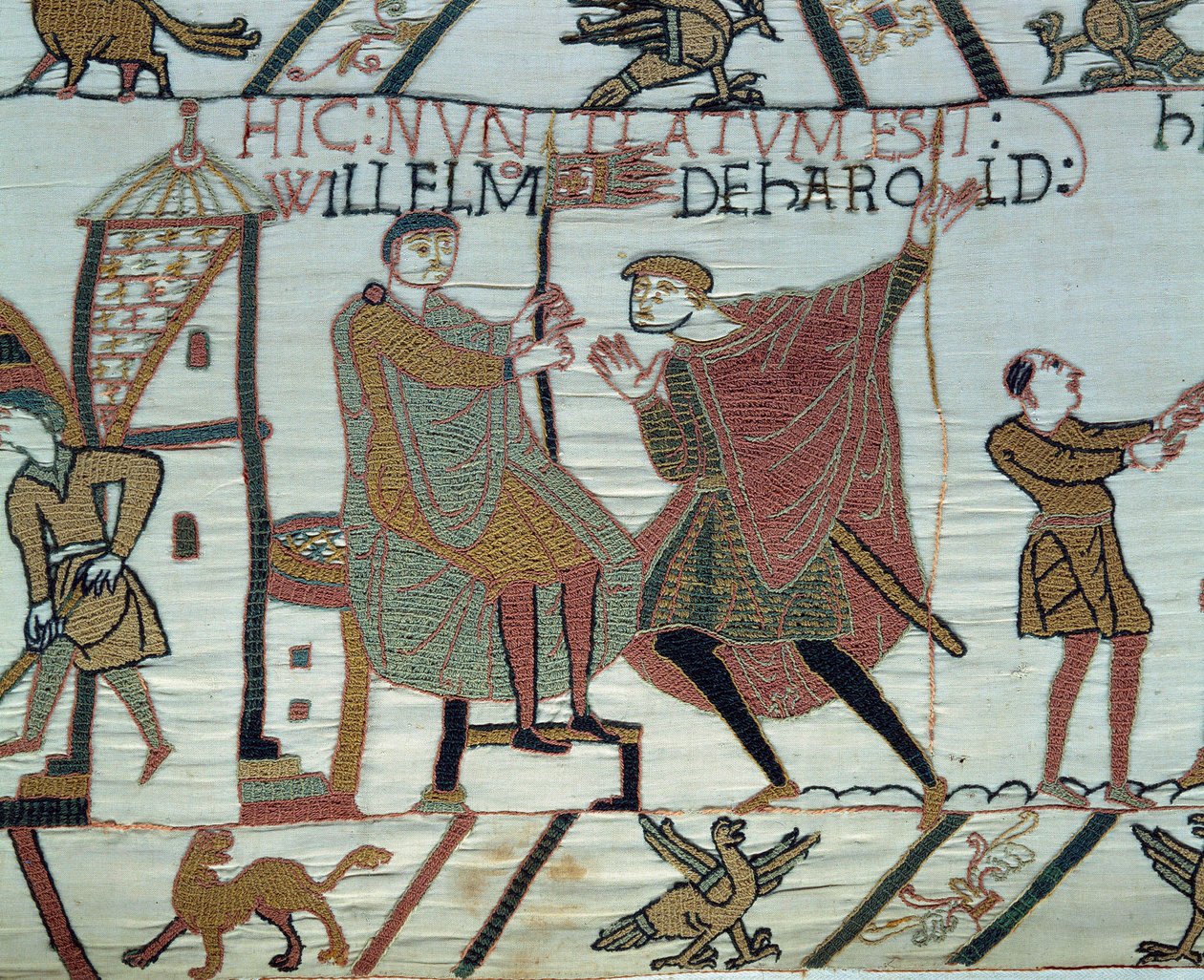 Conquete of England vévodou z Normandie Williamem Dobyvatelem (1027-1087) v roce 1066: rozhledna hlásí Williamovi fakta o Haroldovi II. v bitvě u Hastings Detail tapisérie z Bayeux nebo výšivky královny Mathildy od Unknown artist