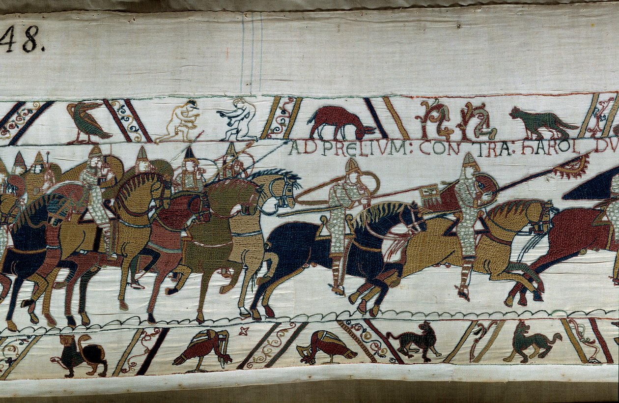 Dobytí Anglie normanským vévodou Vilémem Dobyvatelem (1027-1087) v roce 1066: jeho armáda postupuje směrem k armádě Harolda II a Hastingse Dole vlevo dva nazí muži Detail tapiserie z Bayeux nebo výšivky královny Mathildy od Unknown artist