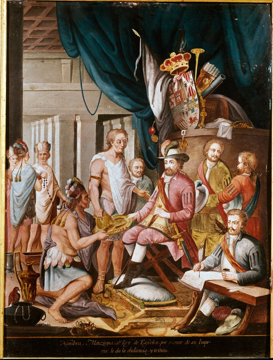 Conquete of Mexico: Montezuma (nebo Moctezuma II), aztécký císař (1466-1520) nabízí dárky conquistadorovi Hernanovi Cortezovi (nebo Cortesovi) (1485-1547) a přísahá věrnost Španělskému království. Anonymní malování. Madrid. Muzeum Ameriky. od Unknown artist
