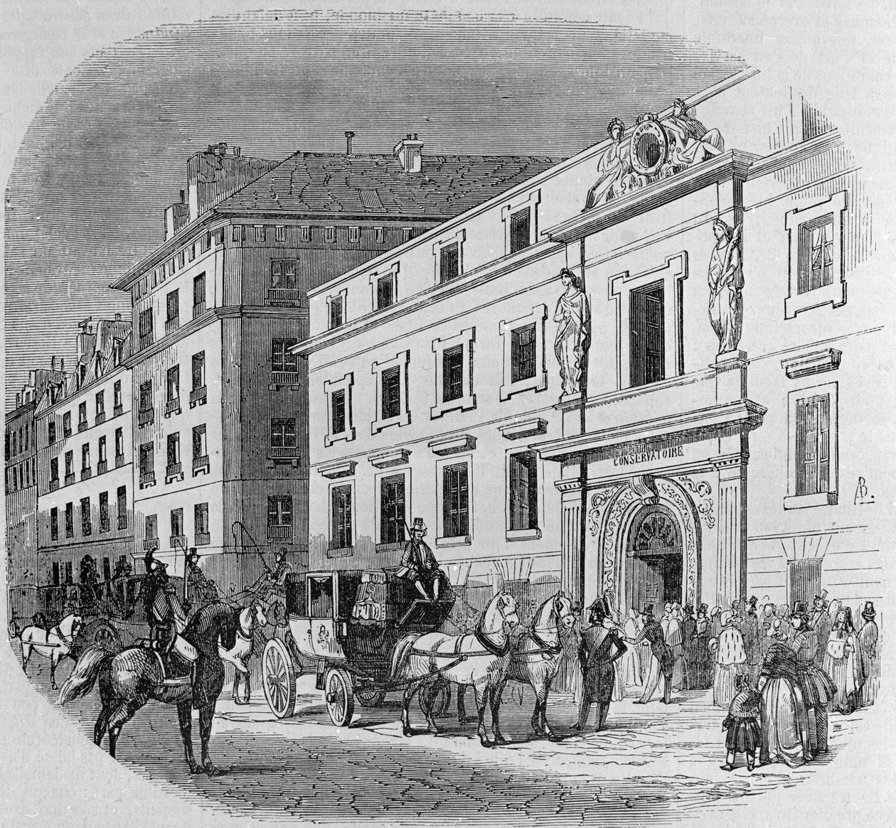 Hudební konzervatoř v rue du Faubourg Poissonniere v Paříži: vstup na koncert. Rytina z roku 1860 od Unknown artist