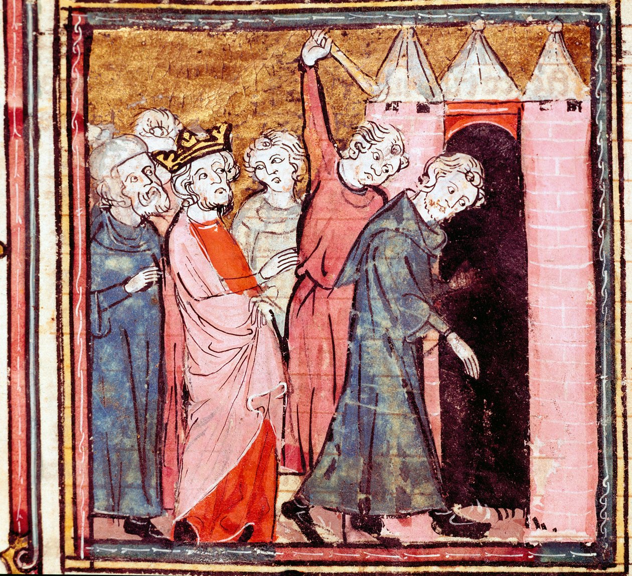 Spiknutí proti Ludvíku Pobožnému (778-840), císaři Západu, jeho syn Lothaire na něj uvalil veřejné pokání v klášteře Saint Medard de Soissons v roce 833 Miniatura převzata z „“Grandes Chronicles de France““ 1375-1379 Městská knihovna , Cas od Unknown artist