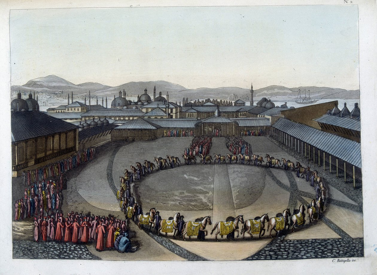 Constantinople: Gate of Felicity. Tyto dveře umožňují přístup do interiéru paláce, kde žije sultán se svou rodinou a dámami z jeho harému. V „“ Starém a moderním kostýmu od Unknown artist