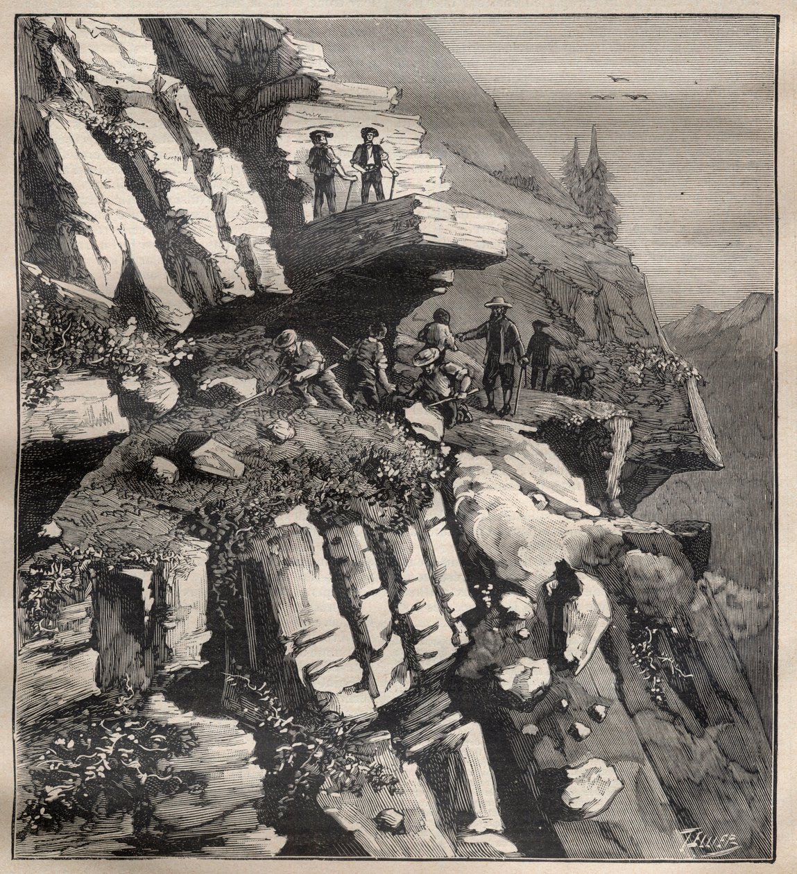 Stavba horské silnice v Alpách – rytina „La Science francaise““ od Unknown artist