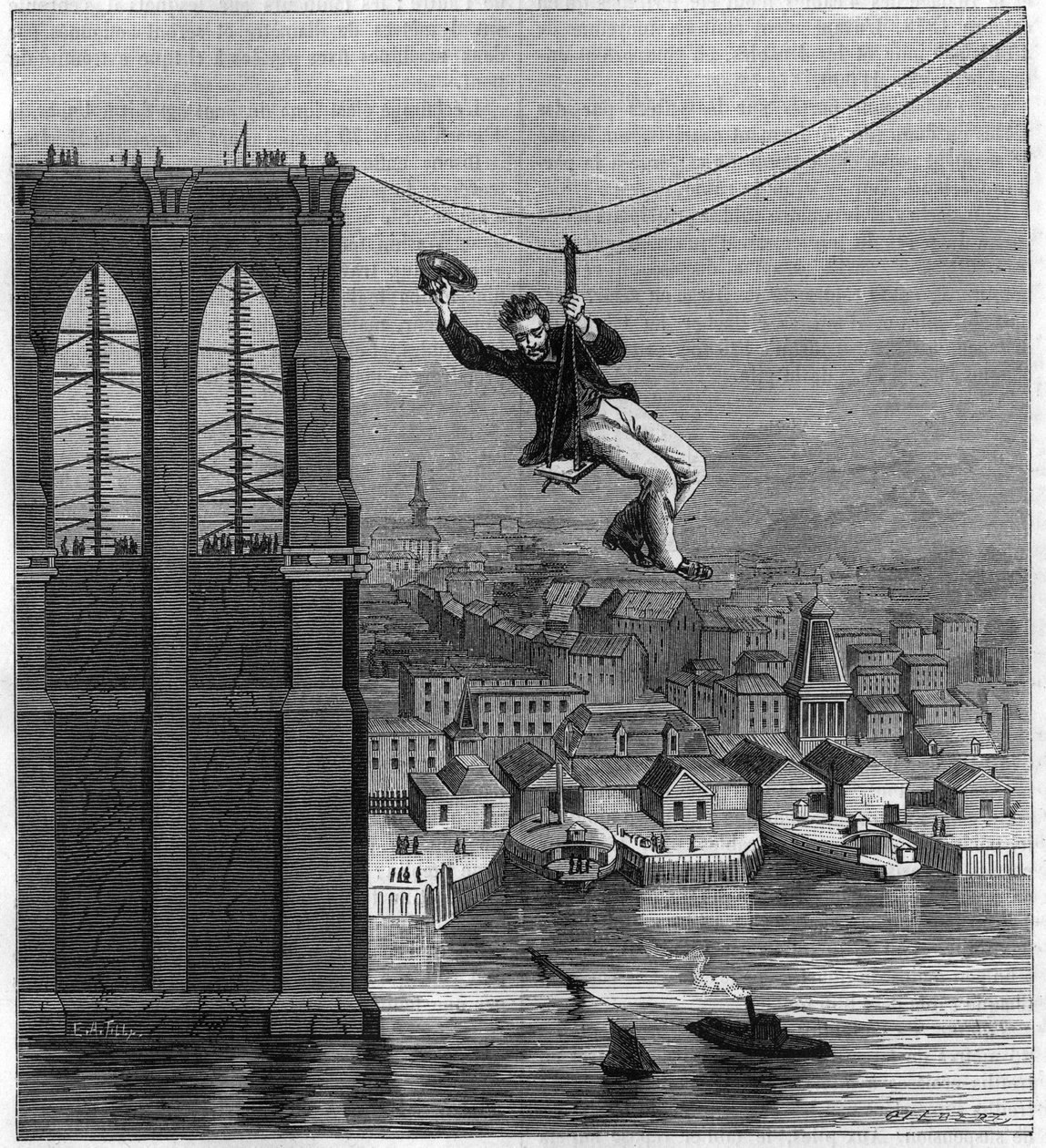 Stavba Brooklynského mostu v New Yorku: Pan Farrington, hlavní mechanik stavby, se přesouvá z jedné hromady na druhou pomocí prvního nataženého drátu (25. srpna od Unknown artist