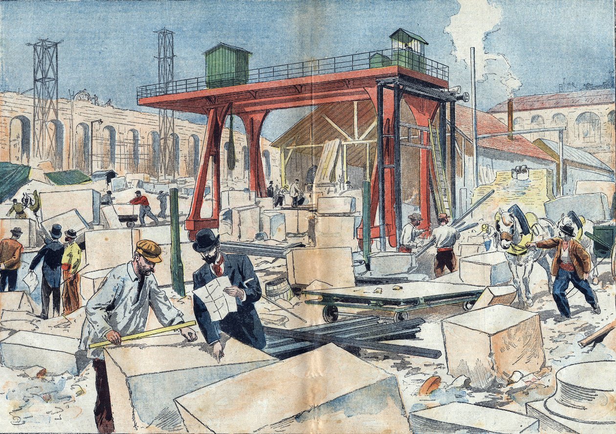 Stavba Grand Palais v Paříži v roce 1898 u příležitosti Světové výstavy v roce 1900. Ve středu je diamantový kotouč na řezání řezaných řezaných kamenů. Ilustrace v „“Le Pelerin“ z 3. července od Unknown artist