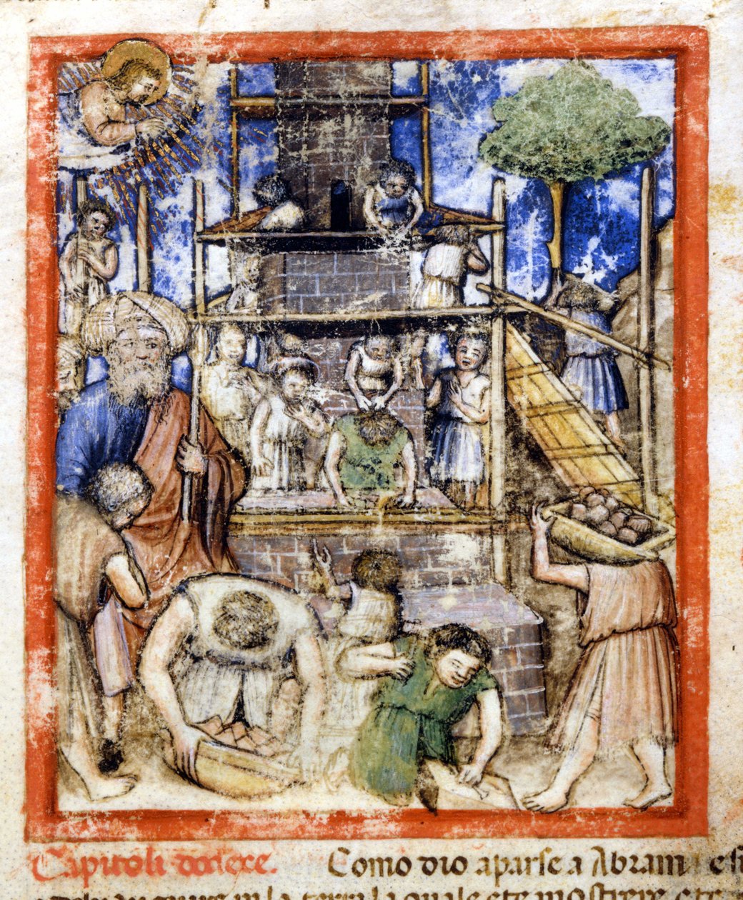 Stavba babylonské věže. Miniatury z kodexu 212 (nebo Padovano Codice nebo Bible z Padovy) 1390-1400 Rovigo, Accademia dei Concordi od Unknown artist