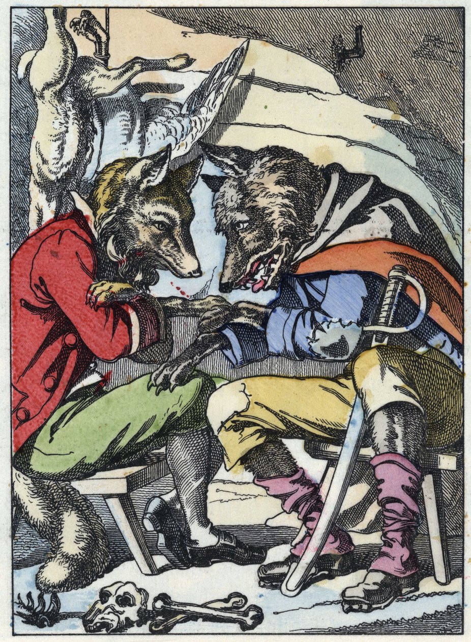 Rozhovor mezi vlkem a liškou. Ilustrace příběhu „Compere le Loup, Maitre Renard, Comere la Chevre et ses petits biquets““ podle bajky Jean de la Fontaine. V „“ Pohádky z domova pro nejmenší““. Anonymní rytina od Unknown artist