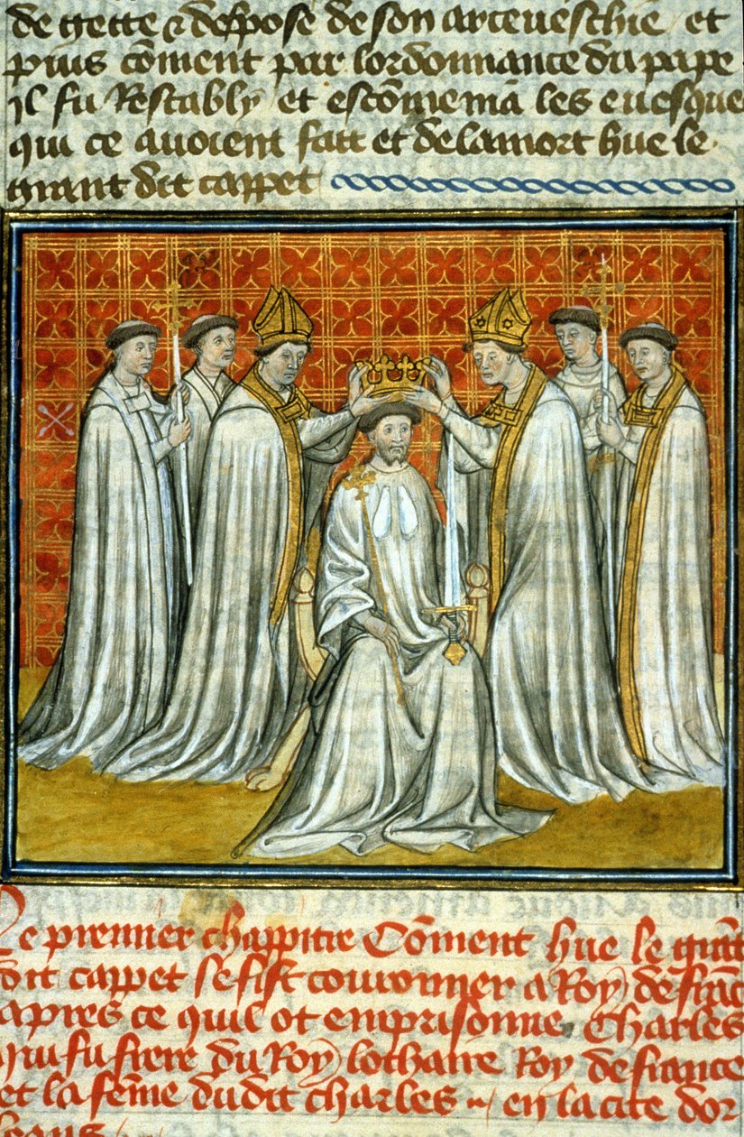 Korunovace Hugues Capet (987) Adalberonem (asi 925-990), arcibiskupem z Remeše – Iluminace rukopisu na veline středověku „“Velké kroniky Saint-Denis”” koncem 14. století (ref.512 od Unknown artist