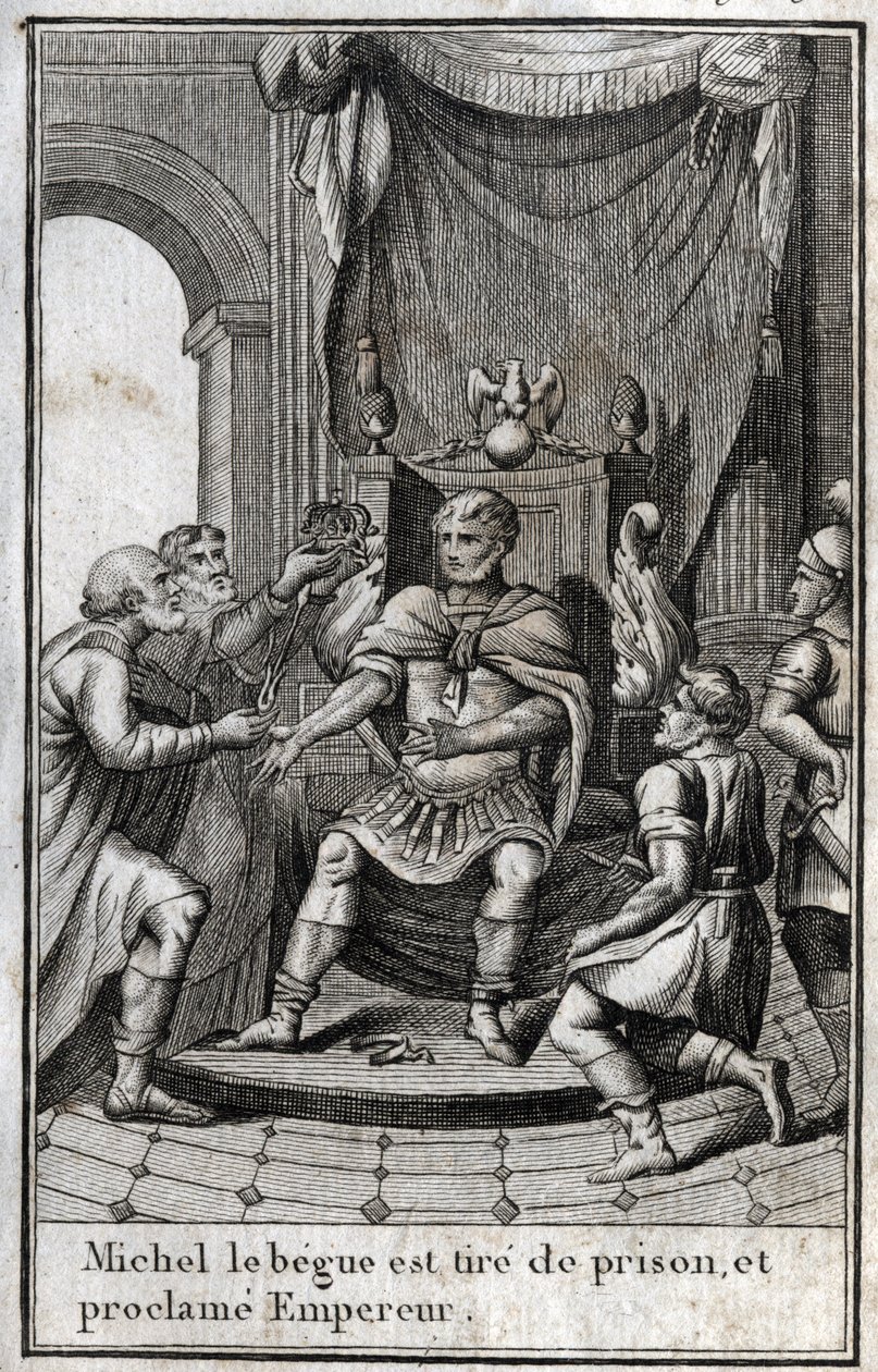 Korunovace Michaela II. Amoriana (Begue) (770-829) byzantským císařem po jeho propuštění z vězení v roce 820. Je zakladatelem amorské dynastie. Rytina v „Beaute de l