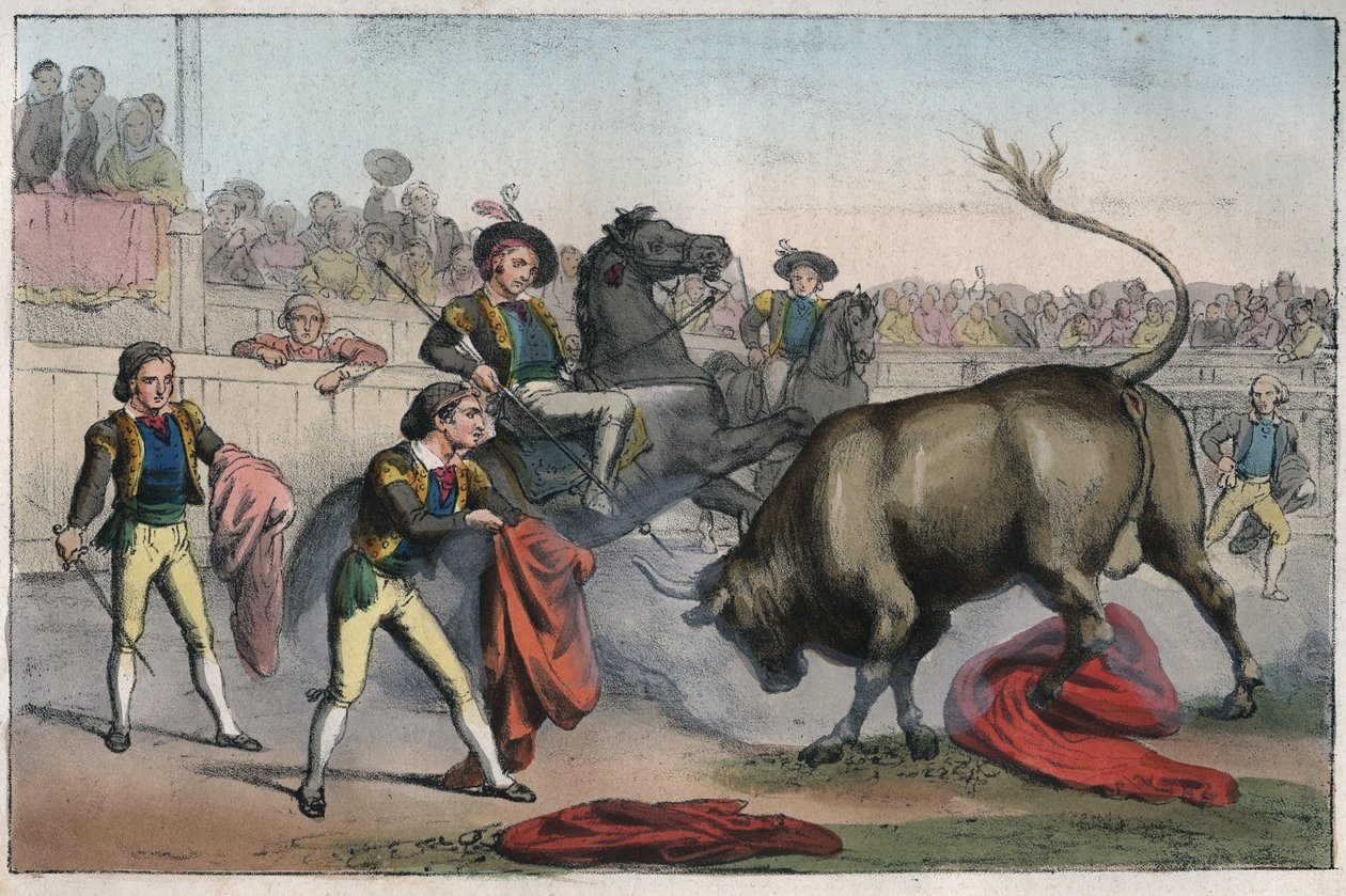 Corrida ve Španělsku: le picador - Bull Charging a Picador - rytina z „“ Zvyků a tradic všech národů vesmíru. To je historie vlády, zákonů, milicí, náboženství všech národů od nejvzdálenějších dob až po naše dny. od Unknown artist