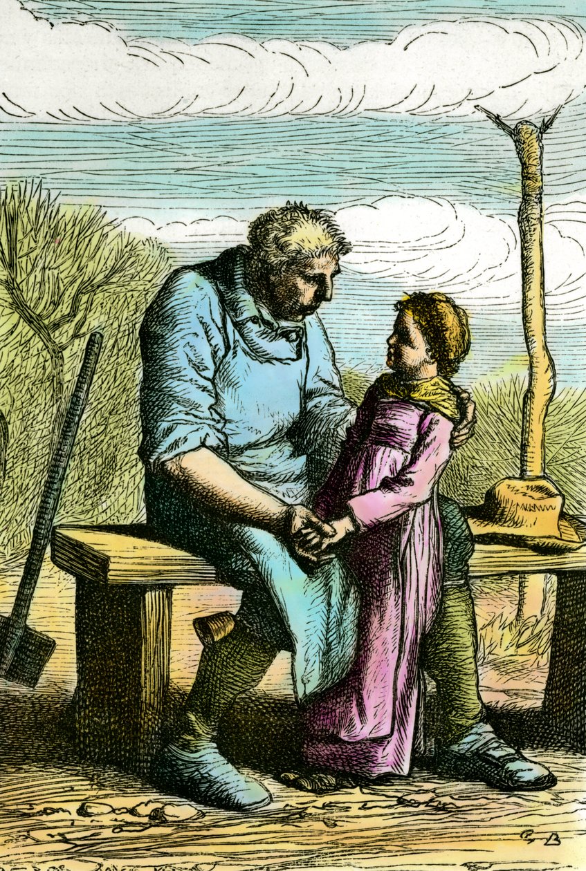 Cosette a Jean Valjeanovi. Ilustrace k románu „Les mizerables“ od Victora Huga (1802-1885) Rytina z roku 1865 Soukromá sbírka od Unknown artist