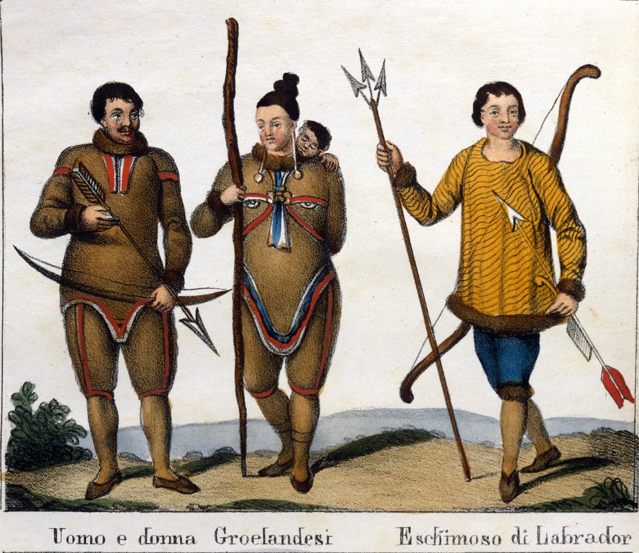 Kostým. Vlevo: Pár grónských Eskymáků s dítětem. Vpravo: Labrador Eskymák. Litografie počátek 19. století od Unknown artist