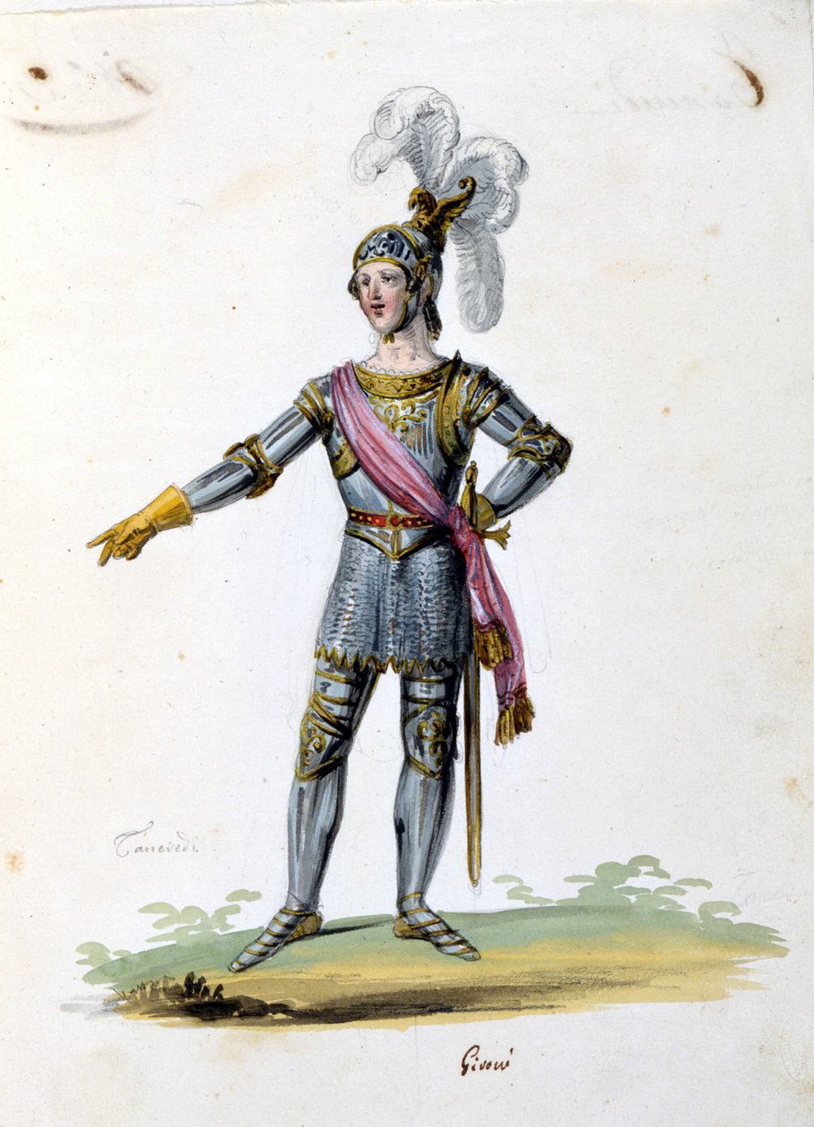 Kostým pro postavu Tancreda kreslí Gironi pro operu „Tancredi“ (Tancrede) od Gioacchina Rossiniho. 1813 od Unknown artist