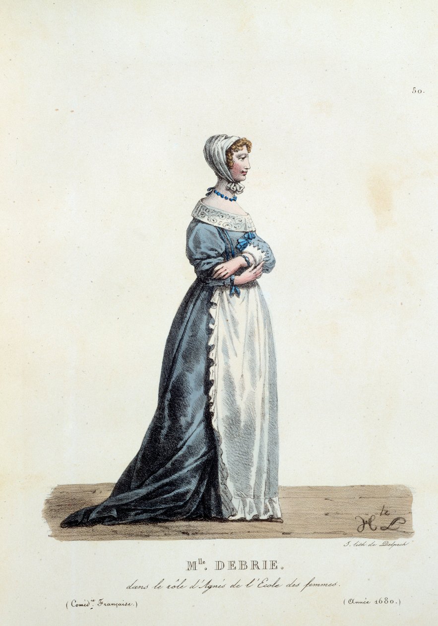 Kostým slečny Debrie v roli „Škola žen“ Agnes z Molière z roku 1680. Kostým francouzské komedie od Hippolyta Lecomta (1781-1857). Rytina 19. století. Coll. Pojďme. od Unknown artist