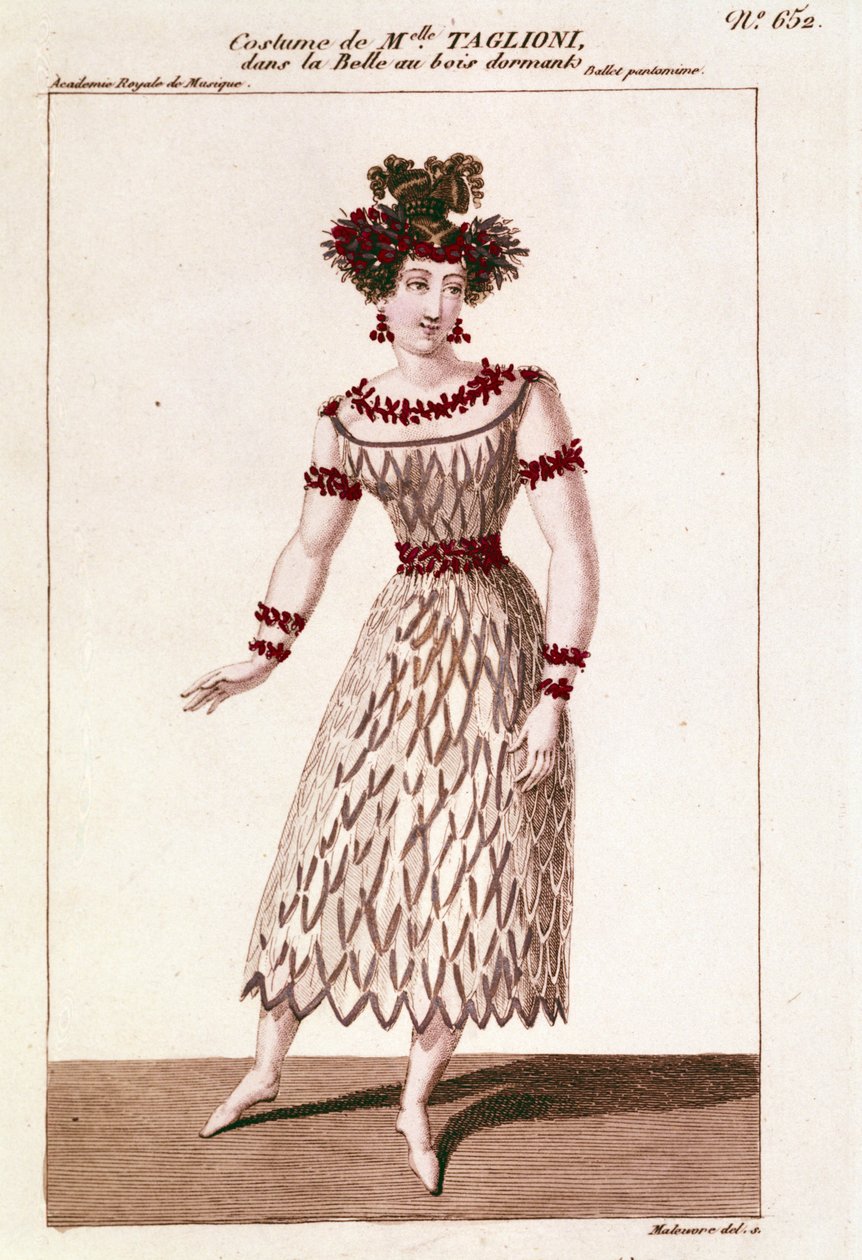 Kostým tanečnice Marie Taglioni (1804-1884) v baletu „Šípková Růženka““ od Piotra nebo Petra Iljiče Čajkovského (nebo Čajkovského nebo Ciajkovského nebo Čajkovského od Unknown artist