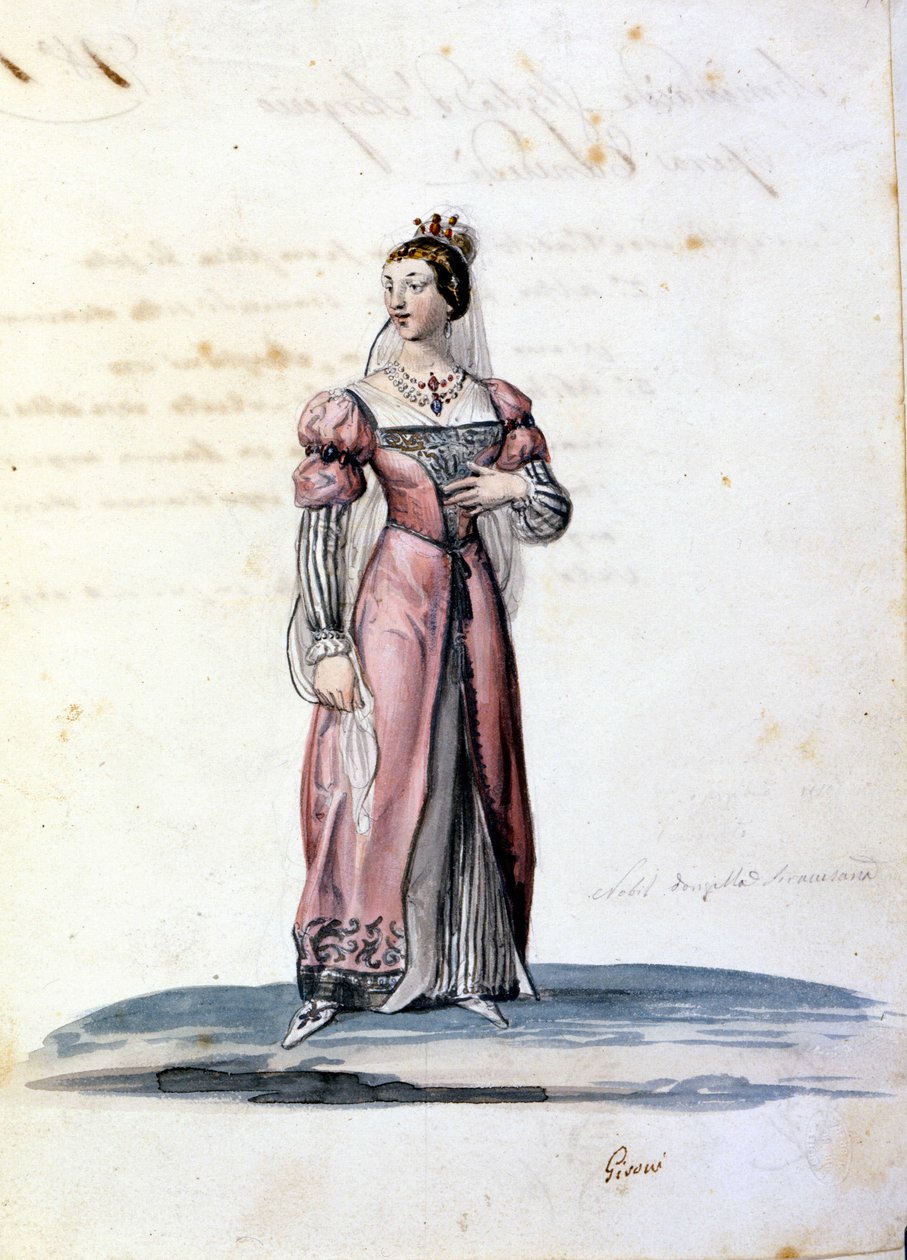 Kostým mladé dámy šlechty ze Syrakus kreslí Gironi pro operu „Tancredi“ (Tancrede) od Gioacchina Rossiniho. 1813 od Unknown artist