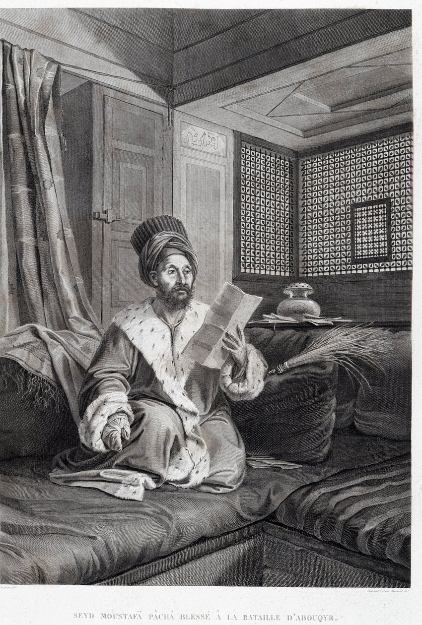 Kostýmy a portréty: Seyd Moustafa Pasha zraněný v bitvě u Abouqyr (Aboukir) v „“Popis Egypta“, Imperial Publishing od Unknown artist