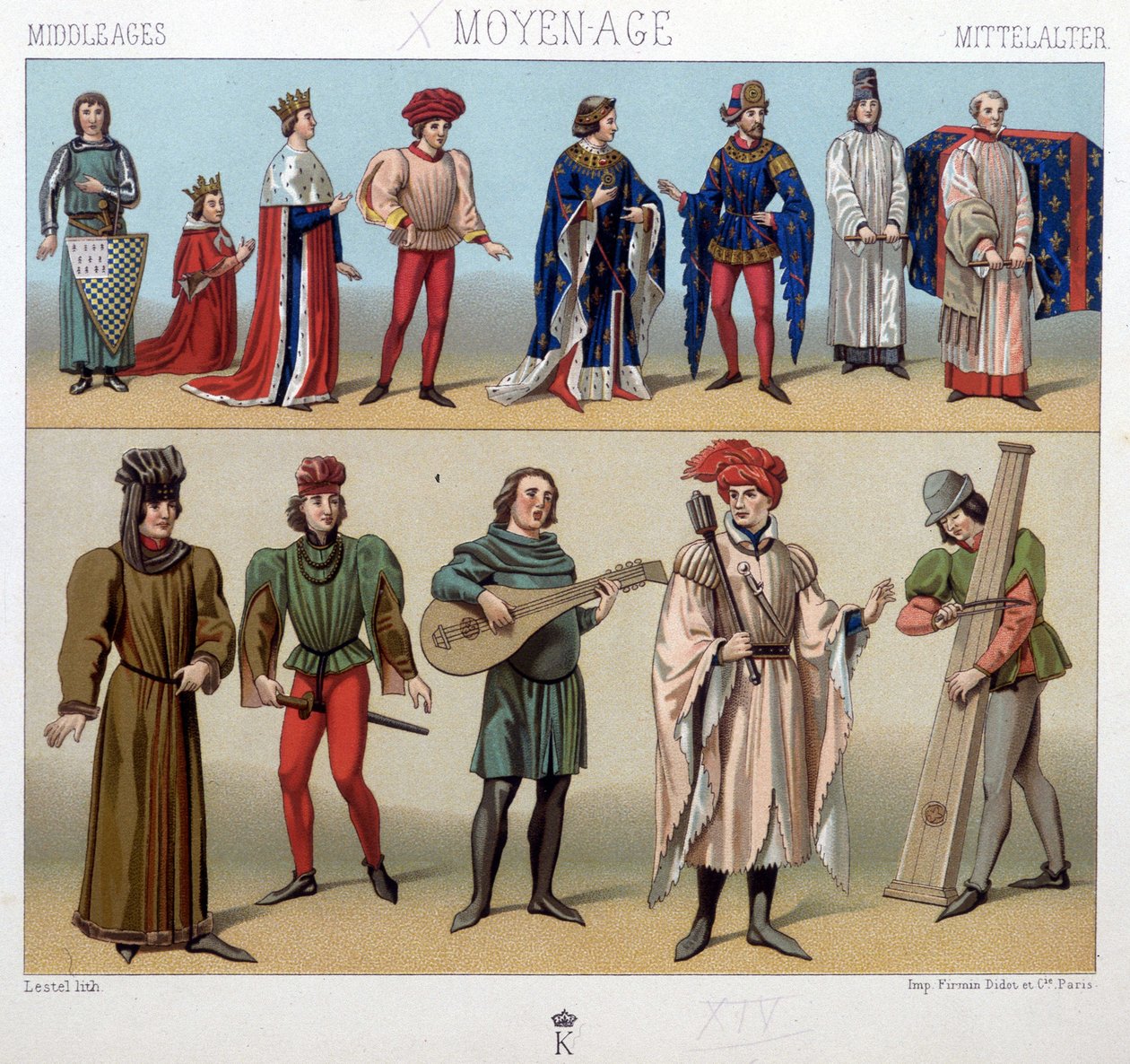Kostýmy a hudebníci ve středověku od 13. do 15. století. V „Historickém kostýmu“ od A. Racqueta od Unknown artist