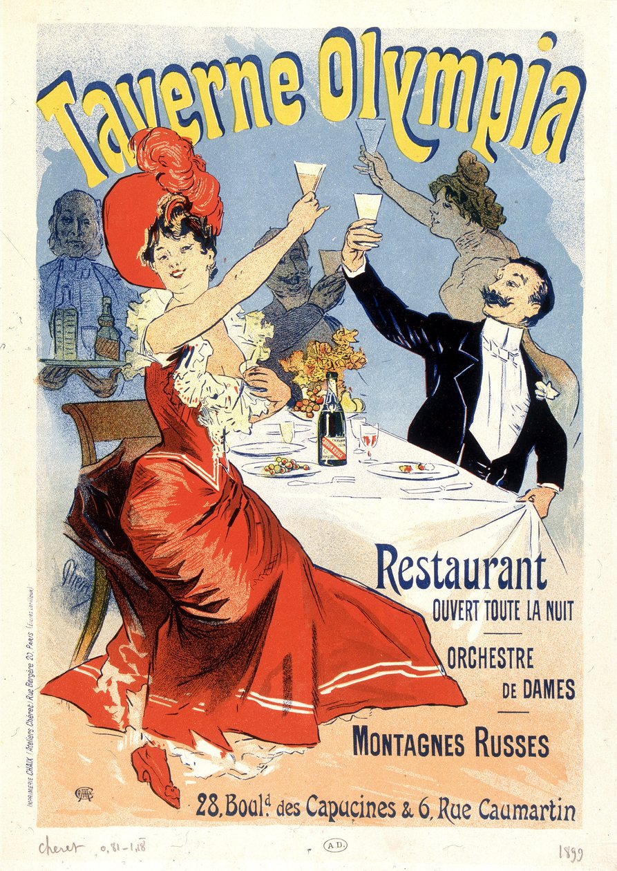 Pár opékání šampaňským - Reklamní plakát pro hospodu Olympia, Jules Cheret, konec 19. století od Unknown artist