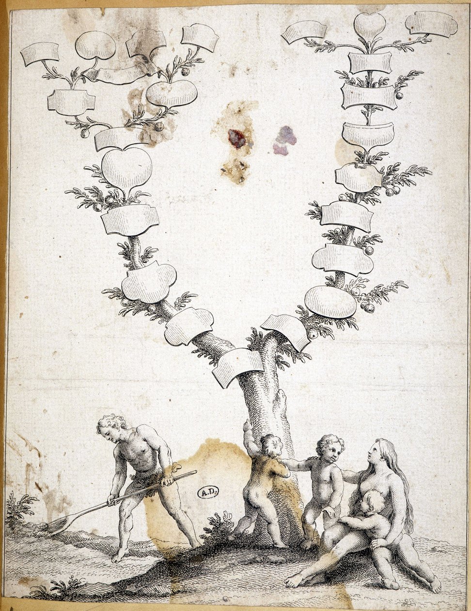 Pár s dětmi na úpatí panenského rodokmenu - rytina od Unknown artist