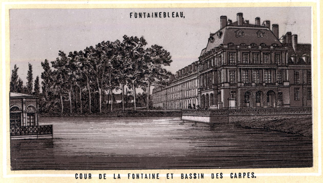 Nádvoří fontány a Bassin des carps z Fontainebleau (Seine a Marne, region Ile-de-France, Francie). Chromolitografie konce 19. století. od Unknown artist