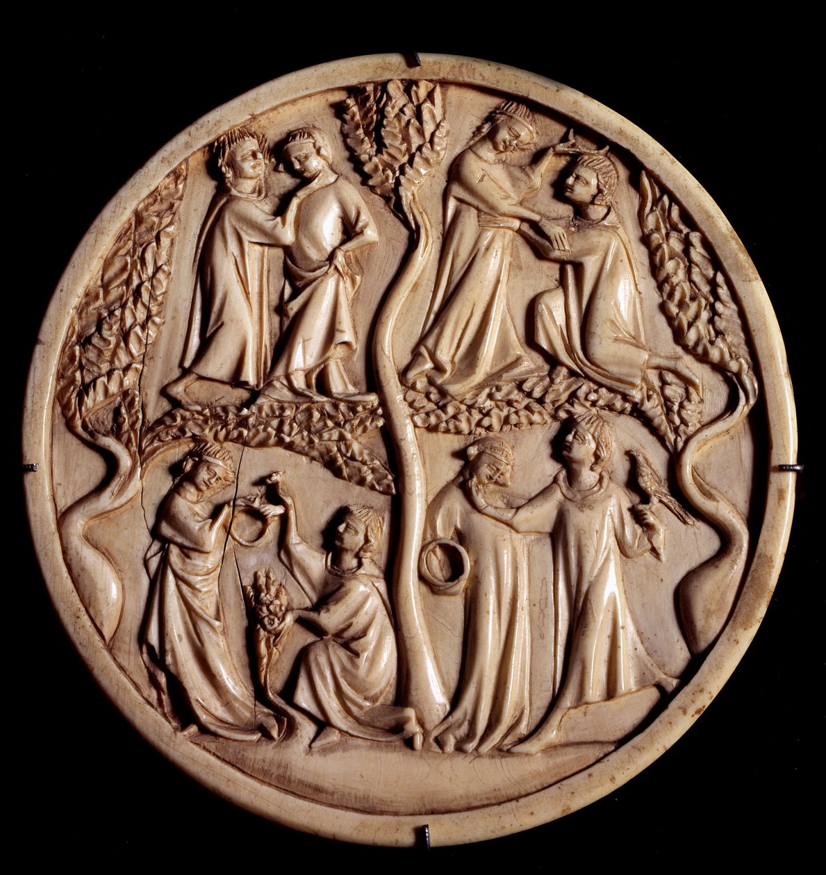 Zdvořilé milostné scény. Slonovinové ventily zrcátka. Počátek 14. stol. Ztlumit. 11 cm. Paříž, muzeum Louvre od Unknown artist