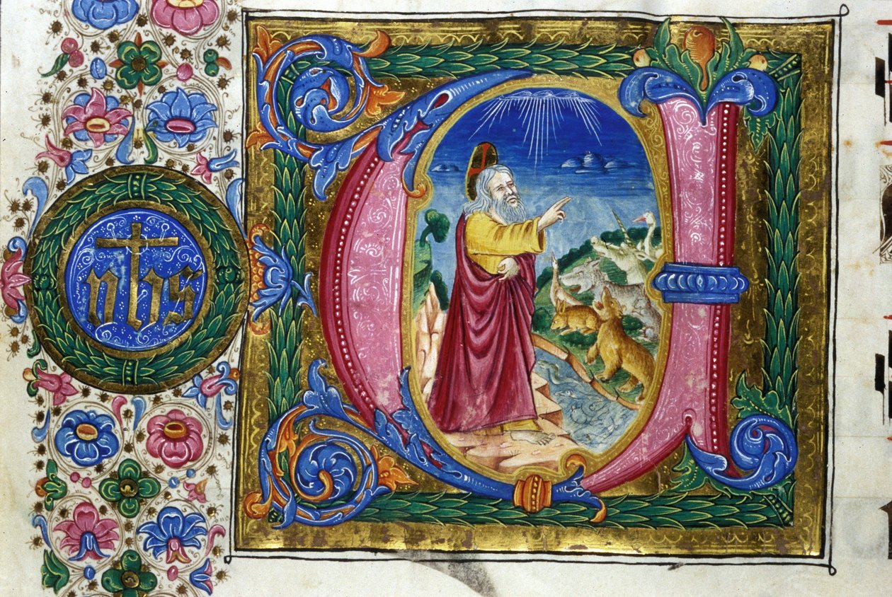 Stvoření: Bůh před stvořeními Země. Rukopis 15. století. Bibl. Nazionale Braidense, Milán. od Unknown artist