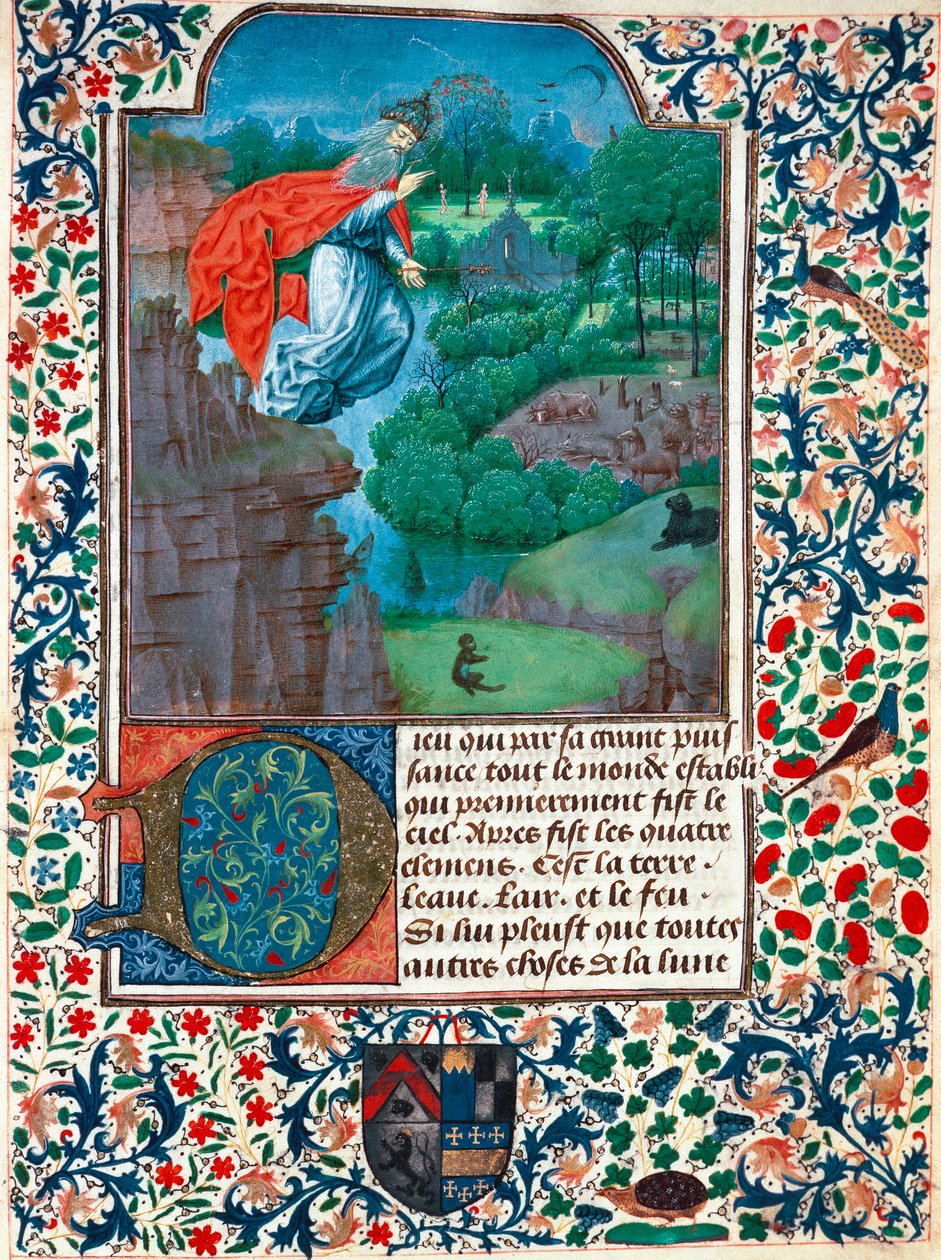 Stvoření, sedmý den: Stvořitel letí nad svým dílem. Krajina se zvířaty. Miniatura z Knihy hodin hraběnky z Bretiandos od Unknown artist