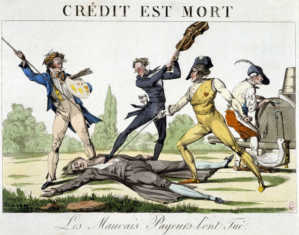 Kredit zemřel: zabili ho špatní plátci - karikatura kolem roku 1820 od Unknown artist
