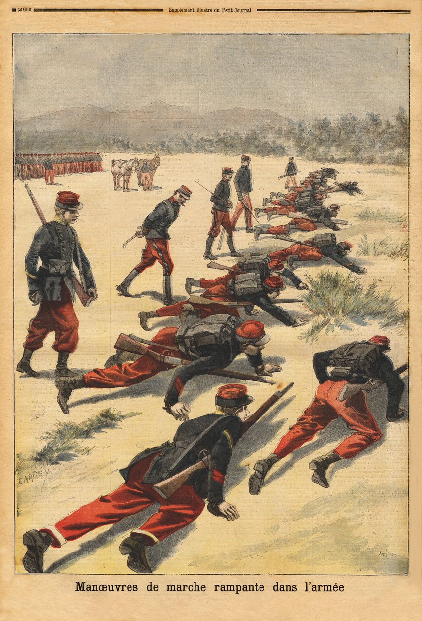 Plíživé vycházkové manévry v armádě, experimentování s novými tampónovými náramky, které chrání dlaň. Rytina v „“ Le petit journal“ 16.8.1896. Selva sbírka. od Unknown artist