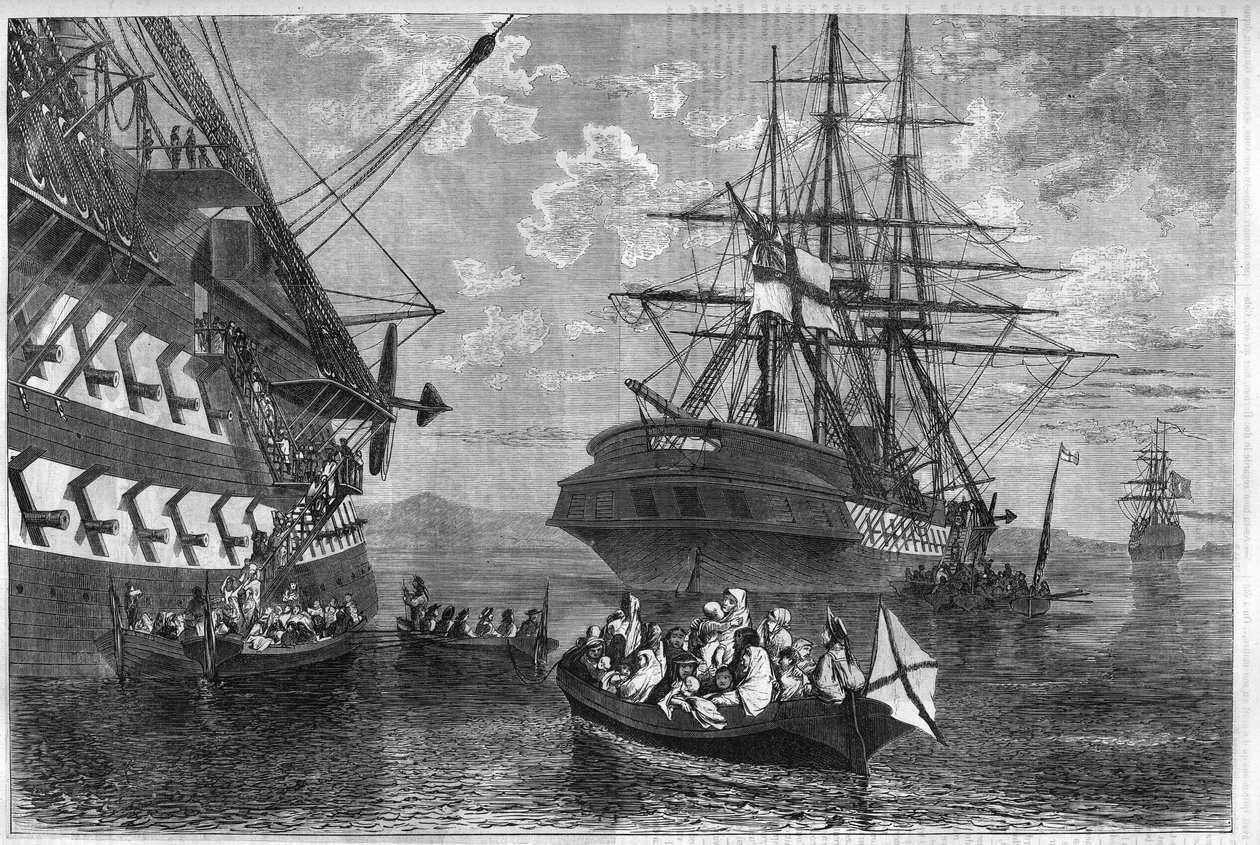 Krétská vzpoura v letech 1866-1869 (povstání ostrova Kréta proti Osmanské říši): Krétské rodiny hledající azyl na lodích neutrálních mocností. Gravírování v „“L