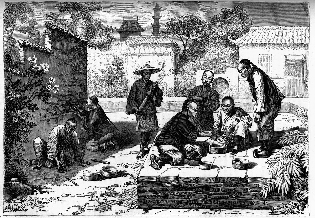 Kriketový zápas v čínském Pekinu. Rytina do „The Youth Journal“ od Unknown artist