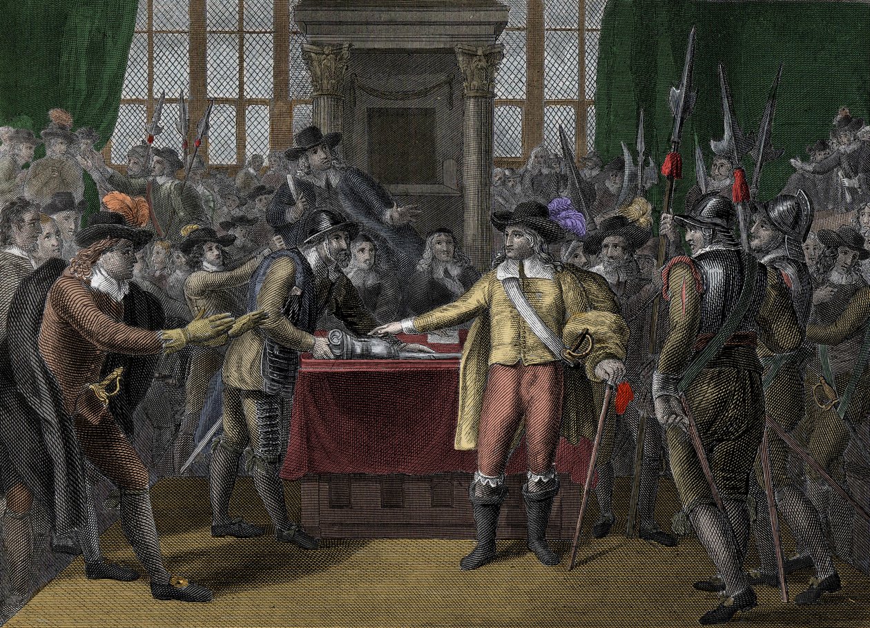 Cromwell rozpouští dlouhý parlament - The Rump Parliament - Oliver Cromwell (1599-1658) rozpouští britský parlament od Unknown artist