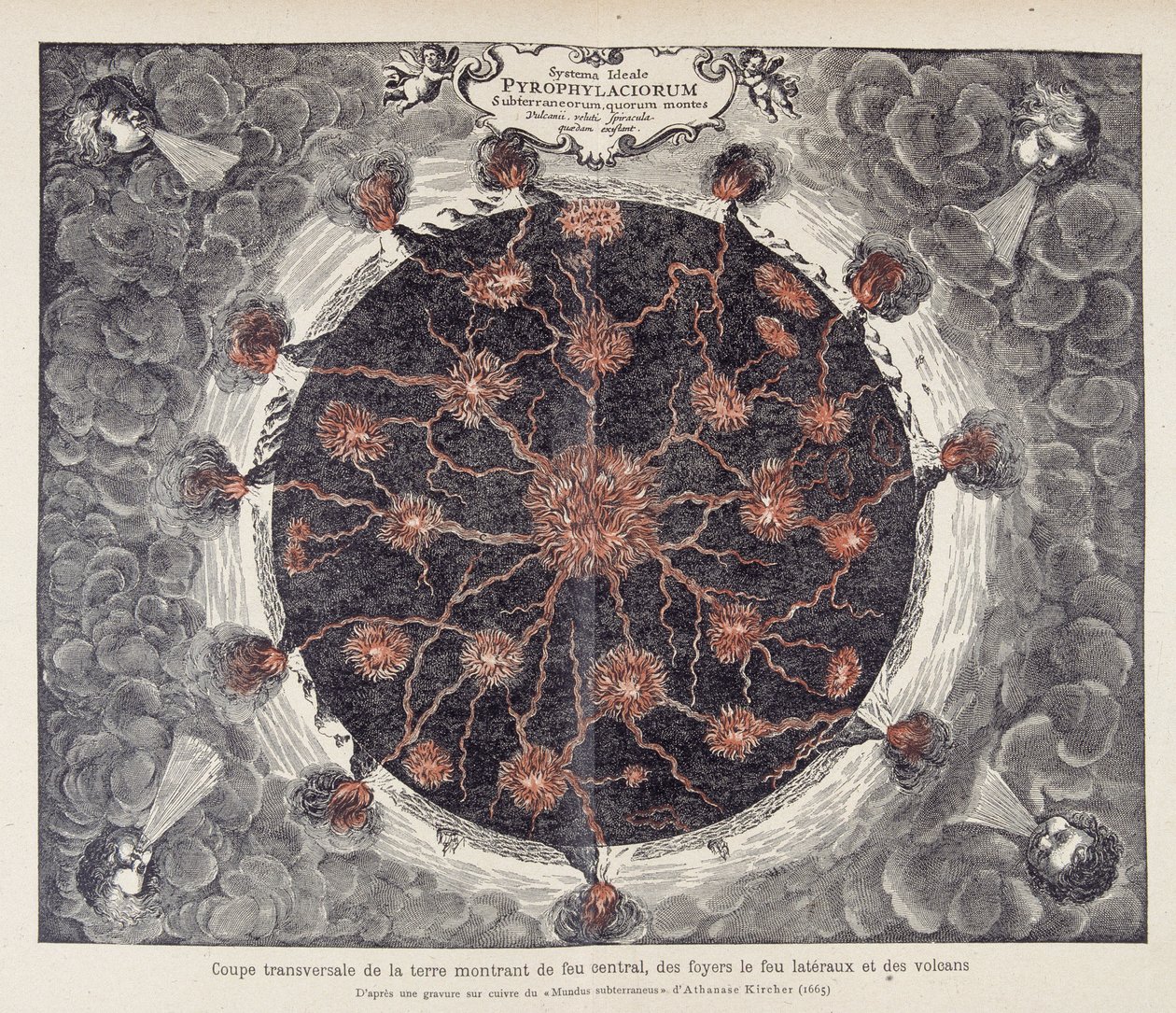 Průřez zemí zobrazující centrální oheň, krby a sopky, z mědirytiny „Mundus subterraneus“ od Athanase Kirchera“ (neboli Athanasius Kircheri) od Unknown artist