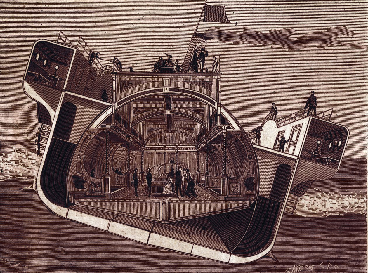 Příčný řez lodí navrženou proti mořské nemoci Henrym Bessemerem (1813-1898). Rytina 19. století. od Unknown artist