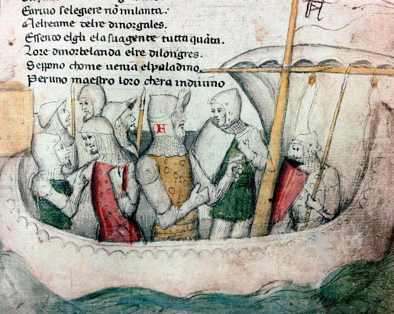Přejezdy na lodi Ilustrace k toskánské básni „Febusso e Breusso“ Rukopis MS.B.R.45. Florencie 15. století, Biblioteca Nazionale od Unknown artist