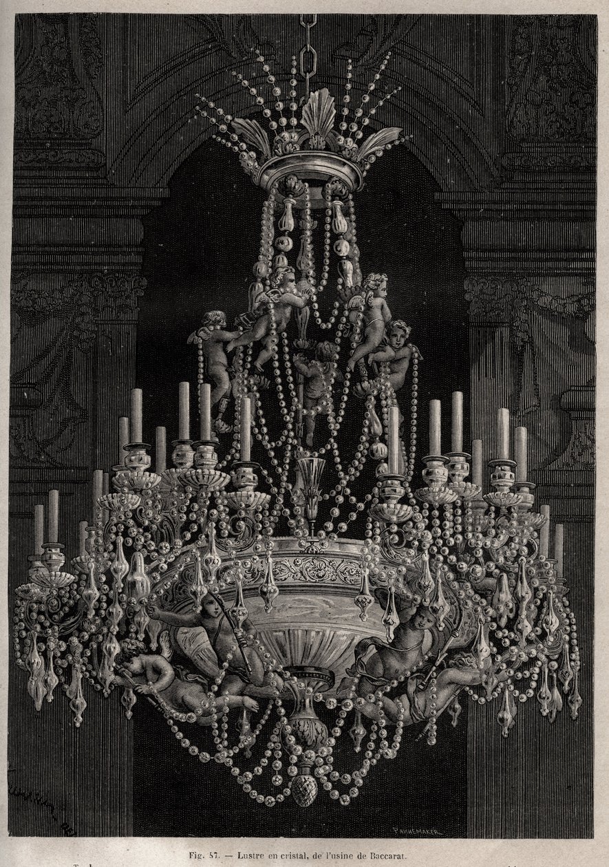 Křišťálový lustr z továrny Baccarat - - rytina 