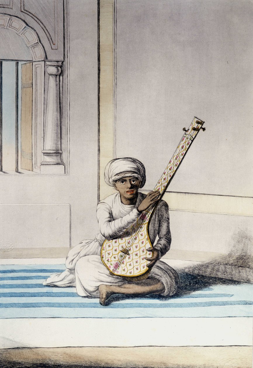 Kultura, civilizace a indická společnost: Hudebník hrající na Thambourah (Tamboura), tradiční nástroj Indie. Rytina 1808. od Unknown artist