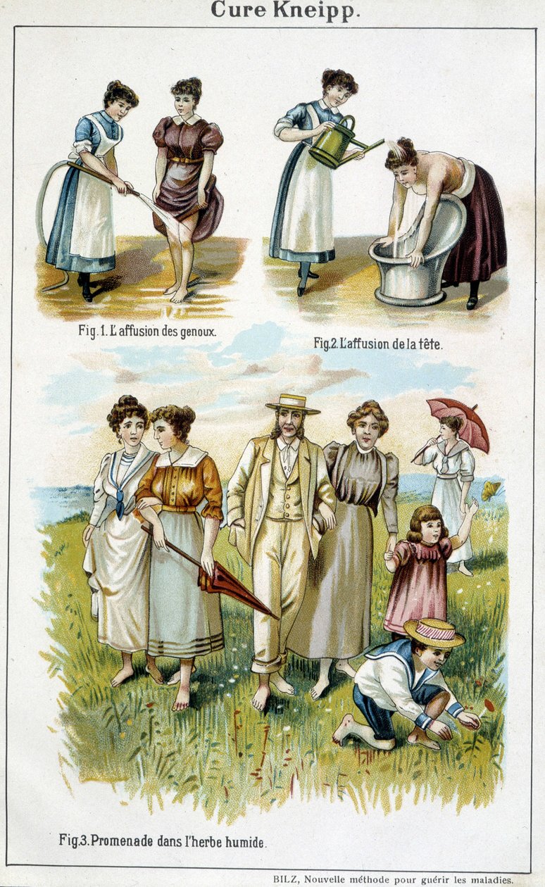Cure Kneipp: zaplavení kolen, hlavy, chůze v mokré trávě – v „Bilz, přírodní léčiva“, konec 19. století od Unknown artist