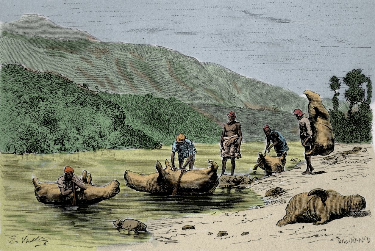 Zvyky a způsoby přepravy: kůže nafouknutých zvířat používané k překonání řek. Rytina 19. století od Unknown artist