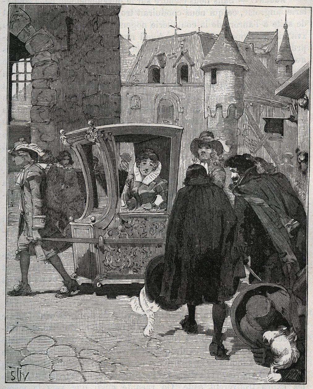 Příbory: lodníci obklopí křeslo Marie de Rabutin-Chantal (Rabutin Chantal), markýze de Sevigne dit Madame de Sevigne (1626-1696), aby mu prodali nože, když přijel do Nogentu (Haute Marne) v roce 1675. Rytina z roku 1885 v ““ Les arts et metiers il od Unknown artist